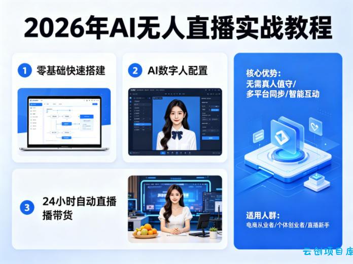 2026年AI无人直播实战教程，零基础也能快速搭建AI数字人无人直播间，实现24小时自动直播带货-云创项目库