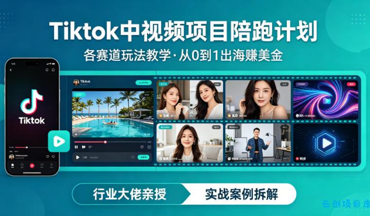 某大佬的Tiktok中视频项目陪跑，涵盖TK各个赛道玩法教学，从0到1出海賺美金-云创项目库