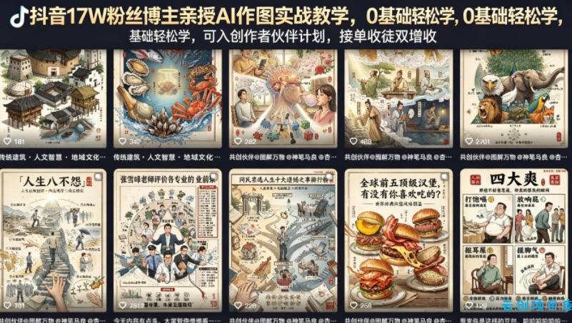 抖音17W粉丝博主亲授AI作图实战教学，0基础轻松学，可入创作者伙伴计划，接单收徒双增收-云创项目库