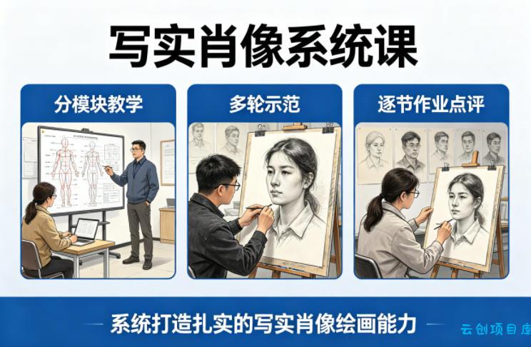 写实肖像系统课，全程分模块教学+多轮示范+逐节作业点评，系统打造扎实的写实肖像绘画能力-云创项目库
