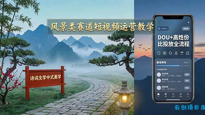 风景类赛道短视频运营教学：诗词文学中式美学，新号养号对标账号定位，DOU+高性价比投放全流程-云创项目库