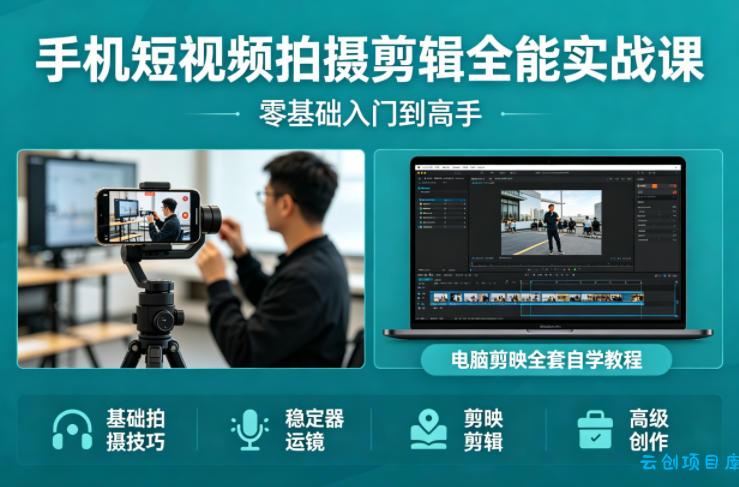 手机短视频拍摄剪辑全能实战课：零基础入门到高手，稳定器运镜+电脑剪映全套自学教程-云创项目库