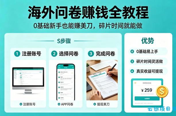 海外问卷賺钱全教程，0基础新手也能賺美刀，碎片时间就能做-云创项目库