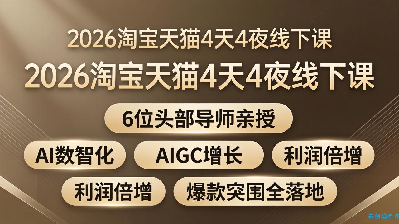 2026淘宝天猫4天4夜线下课：6位头部导师亲授，AI数智化+AIGC增长+利润倍增+爆款突围全落地-云创项目库