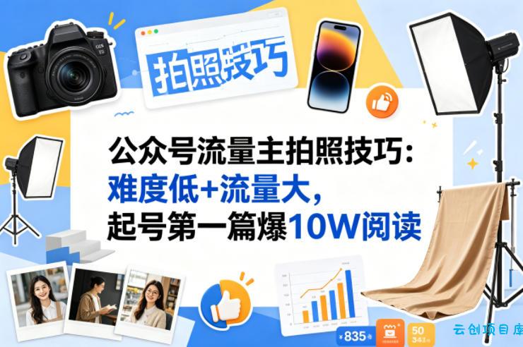 公众号流量主之拍照技巧赛道，难度低+流量大，起号第一篇就爆了10w阅读-云创项目库