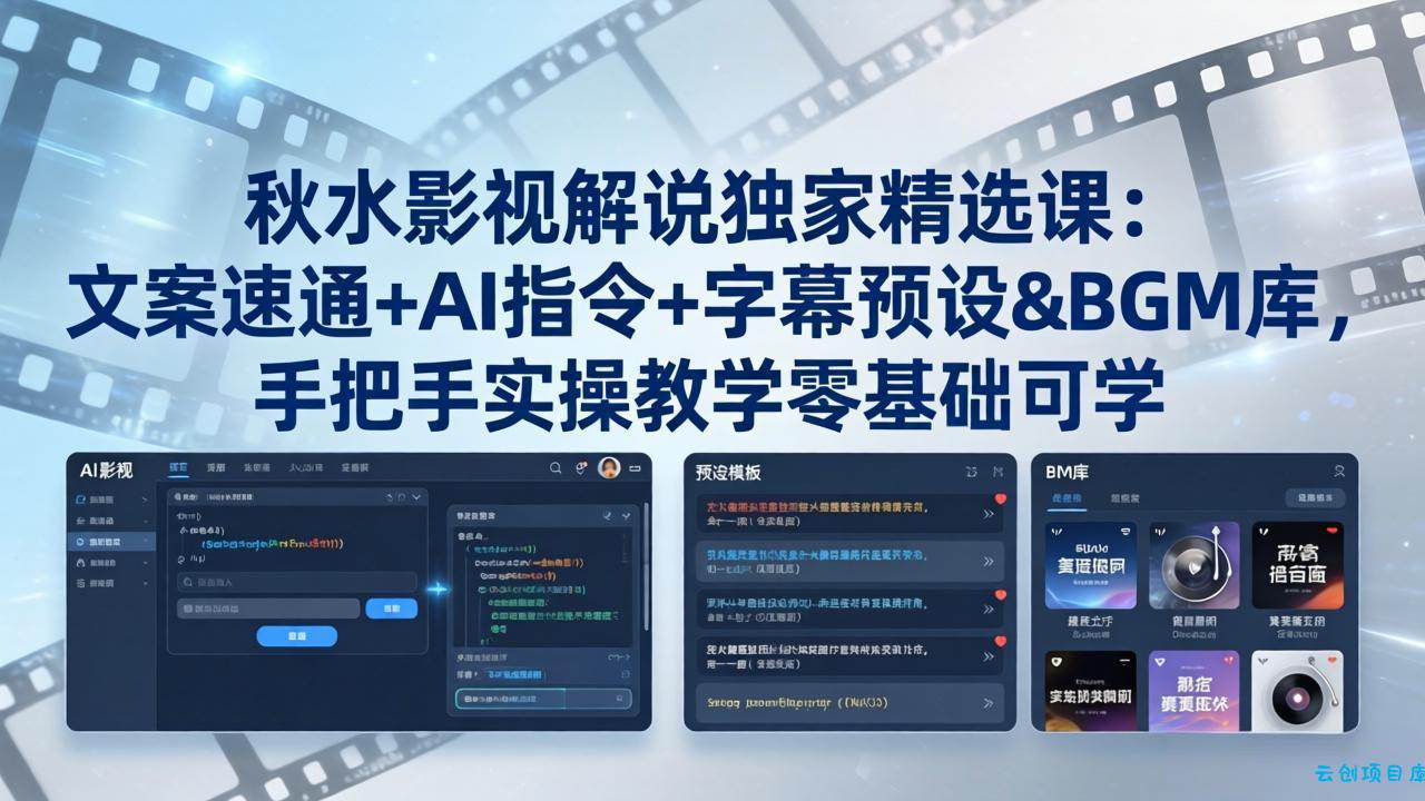 秋水影视解说独家精选课：文案速通+AI指令+字幕预设+BGM库，手把手实操教学零基础可学-云创项目库
