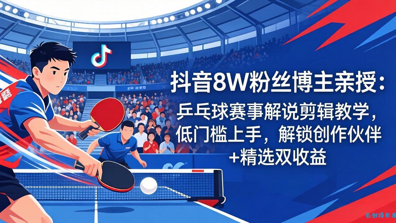 抖音8W粉丝博主亲授：乒乓球赛事解说剪辑教学，低门槛上手，解锁创作伙伴+精选双收益-云创项目库