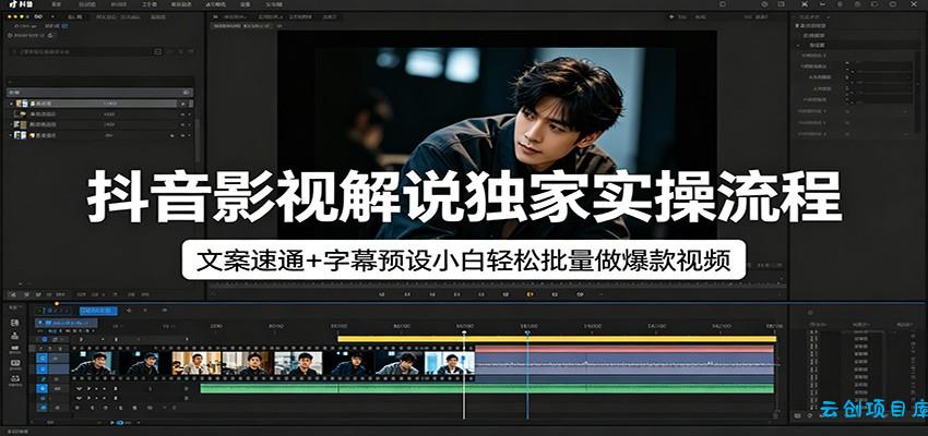 抖音影视解说独家实操流程，文案速通+字幕预设小白轻松批量做爆款视频-云创项目库
