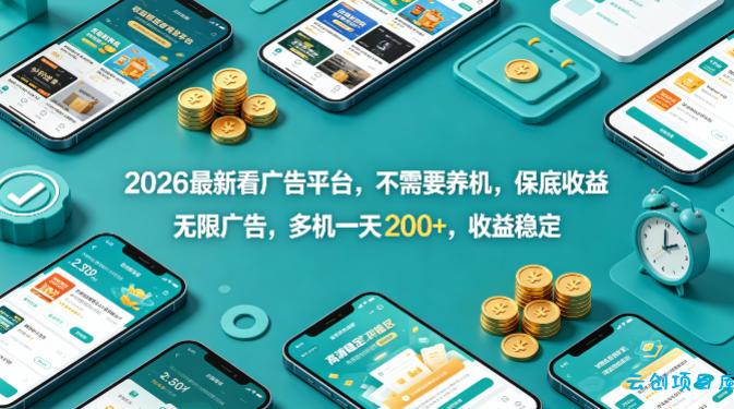 2026最新看广告平台，不需要养机，保底收益，无限广告，多机一天200+，收益稳定【揭秘】-云创项目库