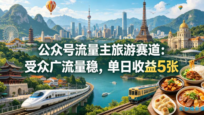公众号流量主之旅游赛道，受众广+流量稳，平均单日收益5张+-云创项目库