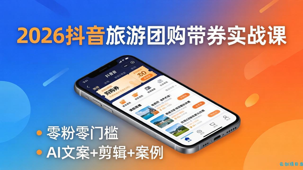 2026抖音旅游团购带券实战课：零粉零门槛，AI文案+剪辑+案例，躺着赚门票佣金-云创项目库