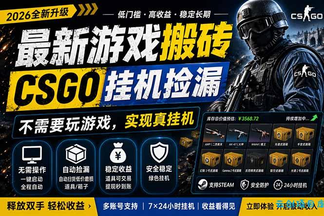 最新游戏搬砖，CSGO纯挂机，不需要玩游戏，实现真挂机，月入1W+，五一小高峰上车可吃肉，...-云创项目库