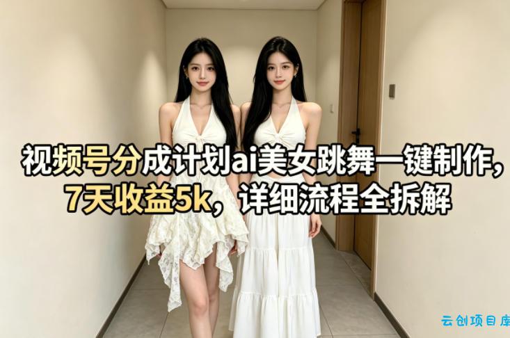 视频号分成计划ai美女跳舞一键制作，7天收益5k，详细流程全拆解-云创项目库