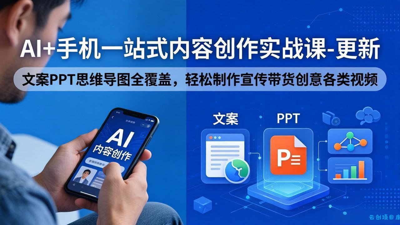 AI+手机一站式内容创作实战课-更新，文案PPT思维导图全覆盖，轻松制作宣传带货创意各类视频-云创项目库