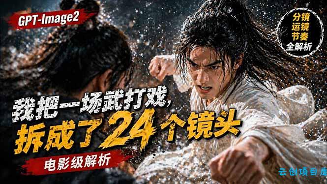 用GPT-Image2，把一段武打对决拆成24个连续镜头，从人物建立、动作衔接、运镜节奏，到情绪爆发-云创项目库