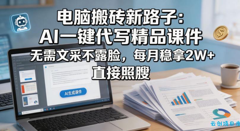 电脑搬砖新路子：AI一键代写精品课件，无需文采不露脸，每月稳拿2W+，直接照搬-云创项目库
