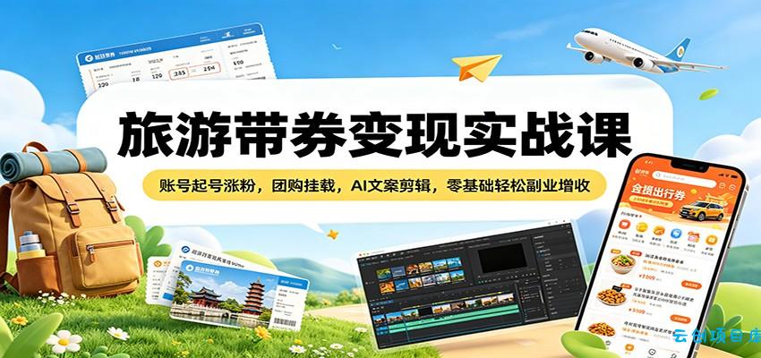 旅游带券变现实战课：账号起号涨粉，团购挂载，AI文案剪辑，零基础轻松副业增收-云创项目库