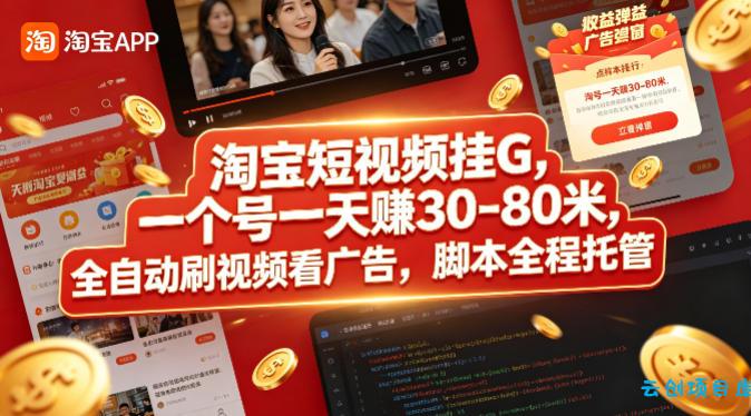 淘宝短视频挂G，一个号一天 賺30-80米，全自动刷视频看广告，脚本全程托管【揭秘】-云创项目库