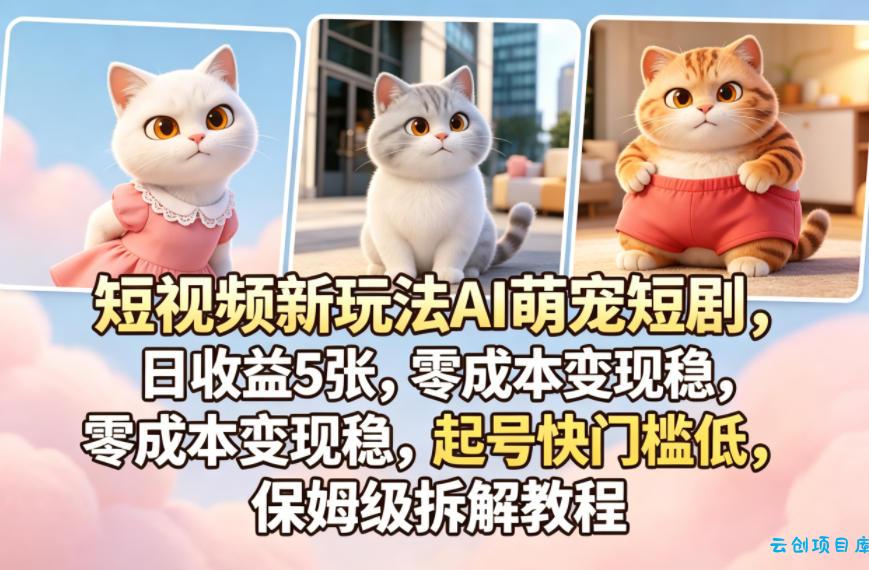短视频新玩法AI萌宠短剧，日收益5张，零成本变现稳，起号快门槛低，保姆级拆解教程-云创项目库