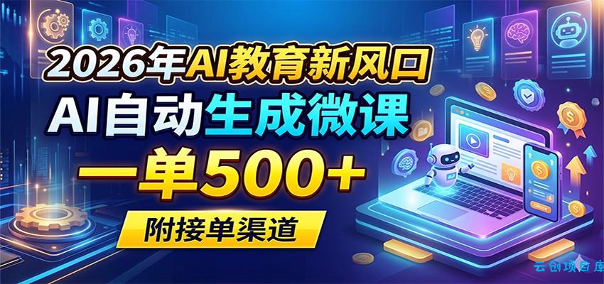 2026年AI教育新风口，AI自动生成微课，一单500+，附接单渠道-云创项目库