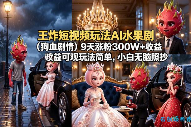 王炸短视频玩法AI水果剧(狗血剧情)9天涨粉300W+收益可观玩法简单,小白无脑照抄,详细拆解玩法