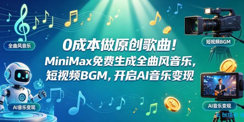 0成本做原创歌曲！MiniMax免费生成全曲风音乐，短视频BGM，开启AI音乐变现-云创项目库