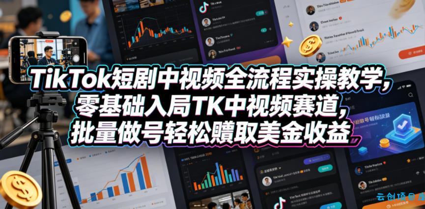 TikTok短剧中视频全流程实操教学，零基础入局TK中视频赛道，批量做号轻松賺取美金收益-云创项目库