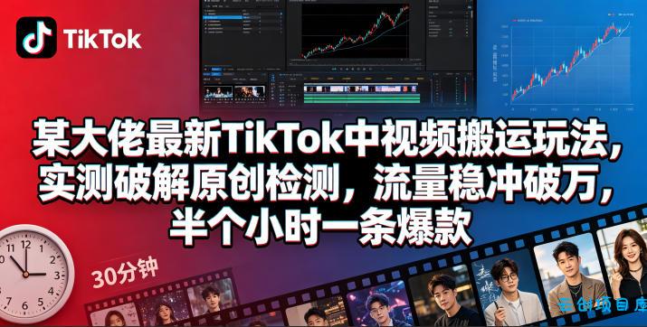 某大佬最新TikTok中视频搬运玩法，实测破解原创检测，流量稳冲破万，半个小时一条爆款-云创项目库