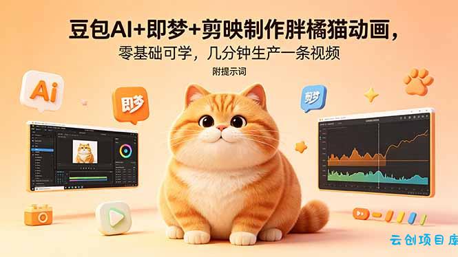 豆包AI+即梦+剪映制作胖橘猫动画,零基础可学,几分钟生产一条视频,附提示词-云创项目库