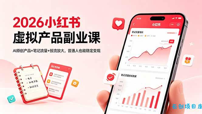 2026小红书虚拟产品副业课,AI原创产品+笔记流量+投流放大,普通人也能稳定变现-云创项目库