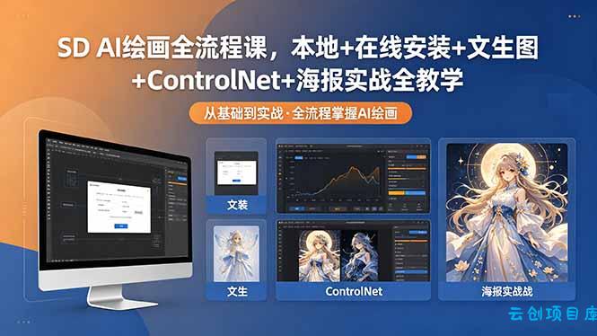 SD AI绘画全流程课，本地+在线安装+文生图+ControlNet+海报实战全教学-云创项目库