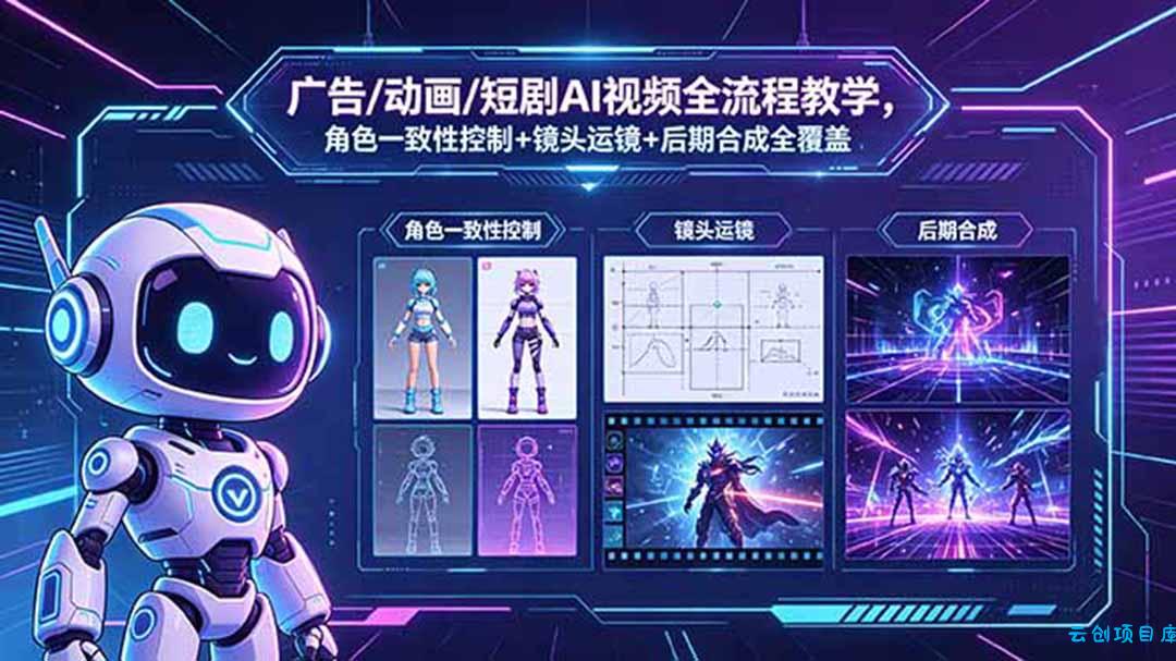 广告/动画/短剧AI视频全流程教学，角色一致性控制+镜头运镜+后期合成全覆盖-云创项目库