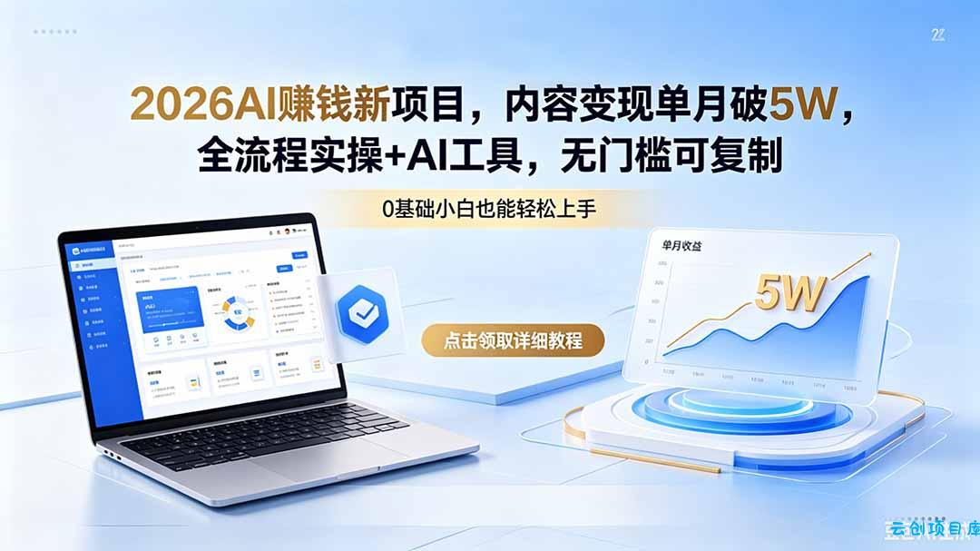 2026AI赚钱新项目，内容变现单月破5W，全流程实操+AI工具，无门槛可复制-云创项目库