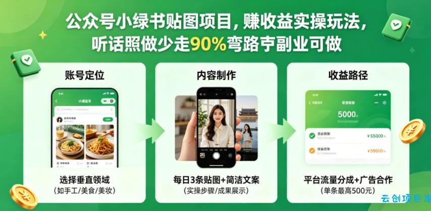 公众号小绿书贴图项目，赚收益实操玩法，听话照听话照少走90%弯路丨副业可做-云创项目库