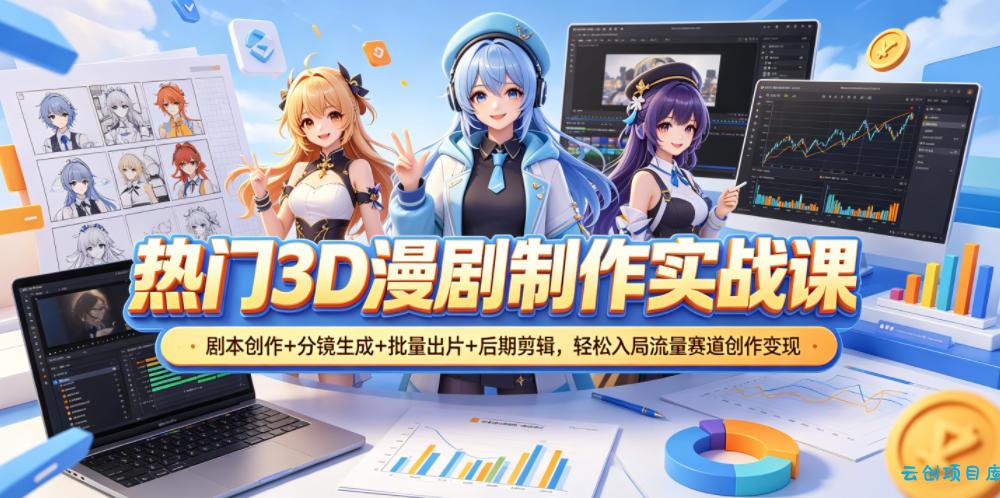 热门3D漫剧制作实战课，剧本创作+分镜生成+批量出片+后期剪辑，轻松入局流量赛道创作变现-云创项目库