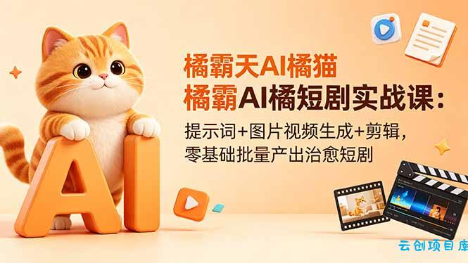 橘霸天AI橘猫短剧实战课：提示词+图片视频生成+剪辑，零基础批量产出治愈短剧-云创项目库