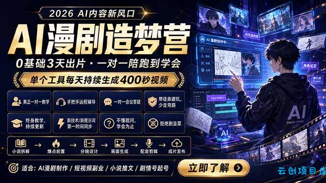 AI漫剧造梦营:0基础3天出片,单个工具每天持续生成400秒视频-云创项目库