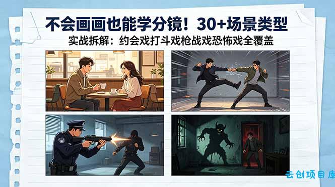 不会画画也能学分镜！30+场景类型实战拆解：约会戏打斗戏枪战戏恐怖戏全覆盖-云创项目库
