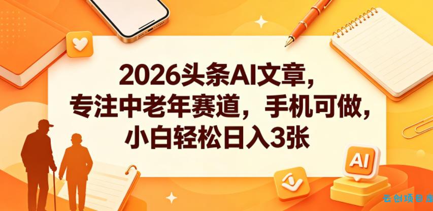 2026头条AI文章，专注中老年赛道，手机可做，小白轻松日入3张-云创项目库