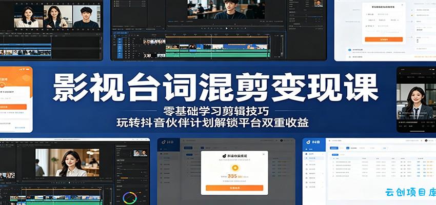 影视台词混剪变现课：零基础学习剪辑技巧，玩转抖音伙伴计划解锁平台双重收益-云创项目库