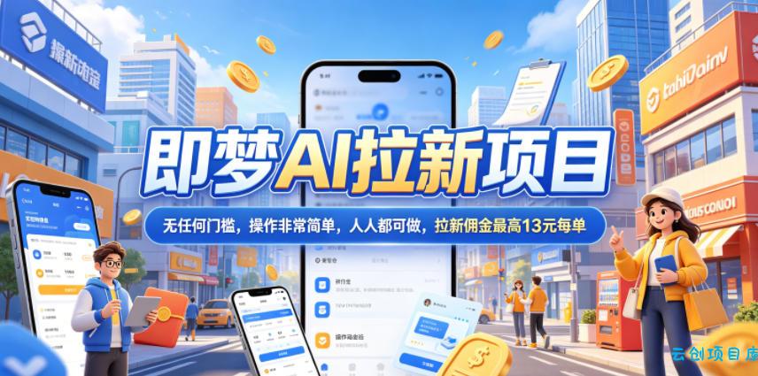 2026年即梦AI拉新项目最新玩法，无任何门槛，操作非常简单，人人都可做，拉新佣金最高13元每单-云创项目库