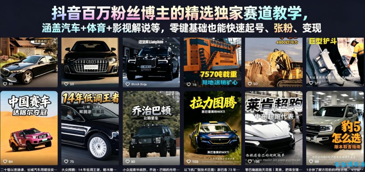 抖音百万粉丝博主的精选独家赛道教学，涵盖汽车+体育+影视解说等，零基础也能快速起号、涨粉、变现-云创项目库