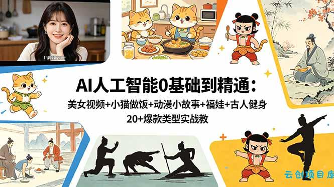 AI人工智能0基础到精通：美女视频+小猫做饭+动漫小故事+福娃+古人健身，20+爆款类型实战教学-云创项目库