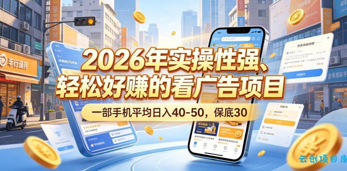 2026年实操性强、轻松好賺的看广告项目，一部手机平均日入40-50，保底30米【揭秘】-云创项目库