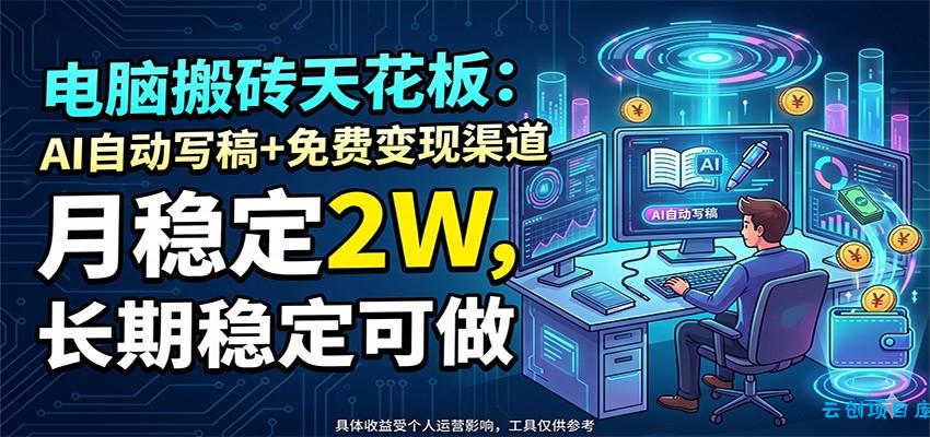 电脑搬砖天花板：AI自动写稿+免费变现渠道，月稳定2W，长期稳定可做-云创项目库