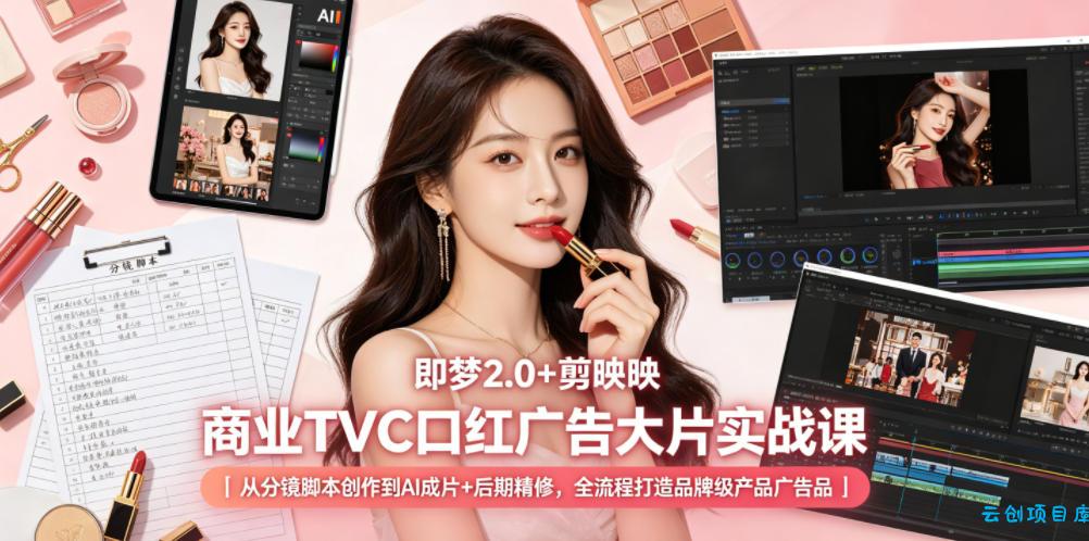 即梦2.0+剪映商业TVC口红广告大片实战课｜从分镜脚本创作到AI成片+后期精修，全流程打造品牌级产品广告-云创项目库