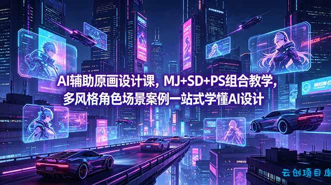 AI辅助原画设计课，MJ+SD+PS组合教学，多风格角色场景案例一站式学懂AI设计-云创项目库