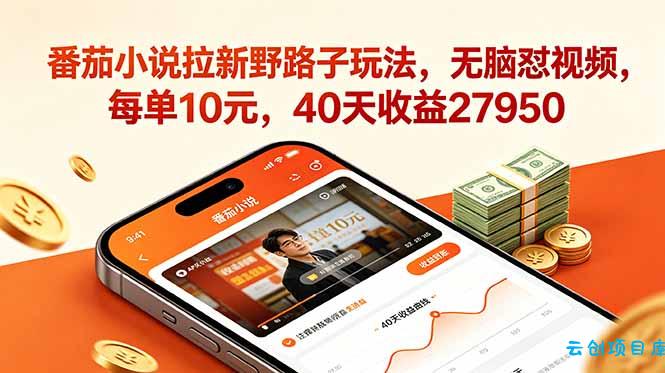 番茄小说拉新野路子玩法，无脑怼视频，每单10元，40天收益27950-云创项目库