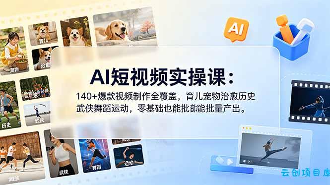 AI短视频实操课：140+爆款视频制作全覆盖，育儿宠物治愈历史武侠舞蹈运动，零基础也能批量产出-云创项目库