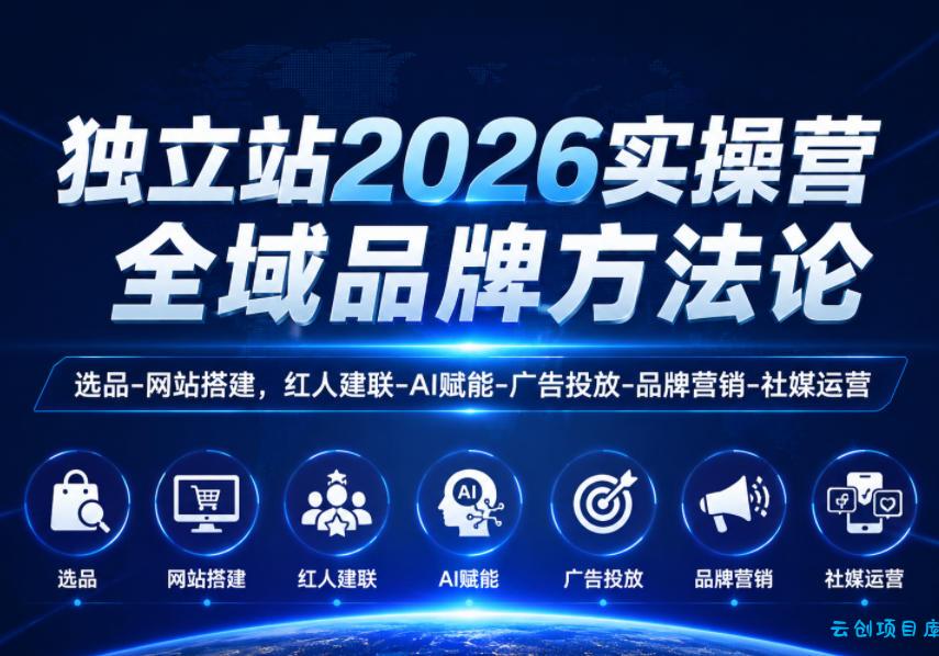 独立站2026实操营，全域品牌方法论，选品-网站搭建，红人建联-AI赋能-广告投放-品牌营销-社煤运营-云创项目库